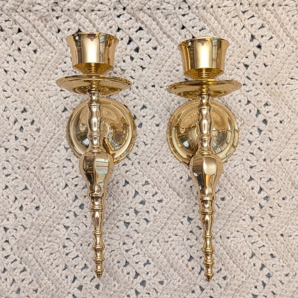 Vintage Lacquered Brass Wall Sconce Pair 10 Inch Spindle Candle Holders India